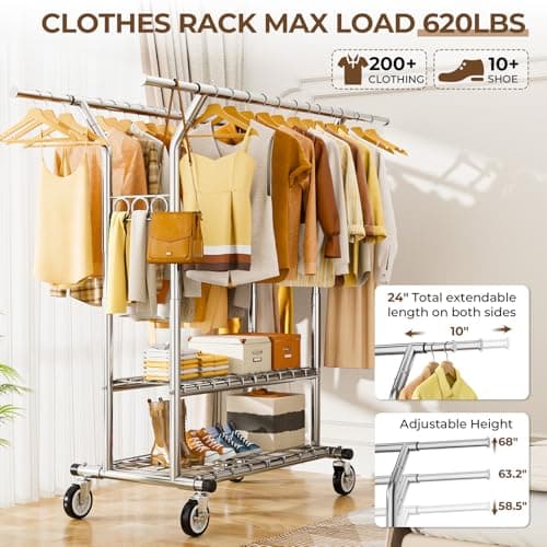 Durable Rolling Clothing Rack with Shelves - 620 LBS Capacity