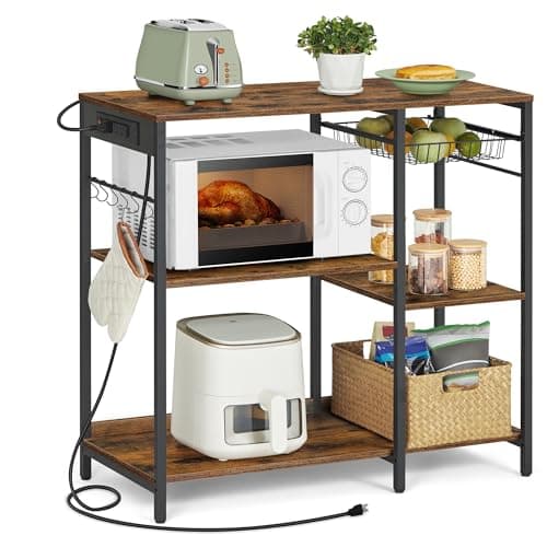 VASAGLE ALINRU Kitchen Baker's Rack, Coffee Bar Stand, 6 Hooks, Steel Wire Basket, Mini Oven Spices Utensils, Industrial