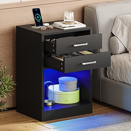 ADORNEVE Black Nightstands Set of 2 with Charging and LED Lights