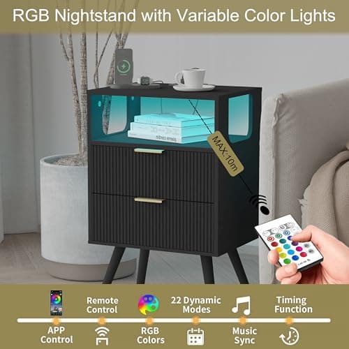 Modern Black Nightstand with Charging and LED Lights, 2 Drawers and Shelf