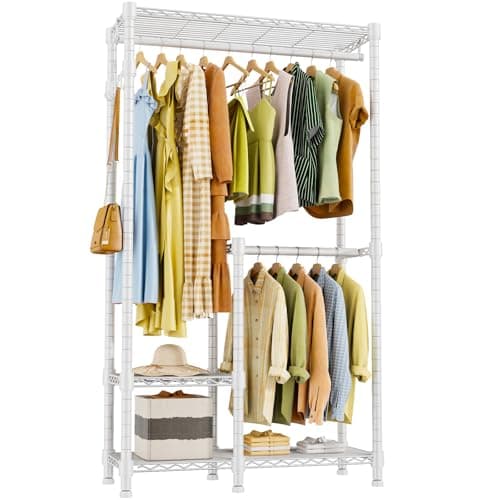 Durable Clothes Garment Rack for Heavy Items: Portable Closet Organizer with Shelves and Double Rods