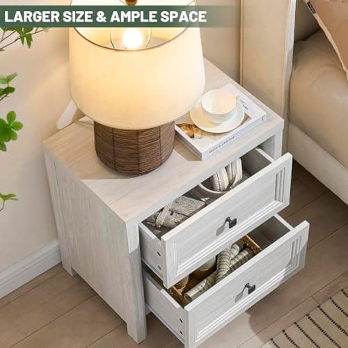 Farmhouse White Night Stands Set of 2, 2 Drawer Storage, Large Rustic Wood Bedside Tables