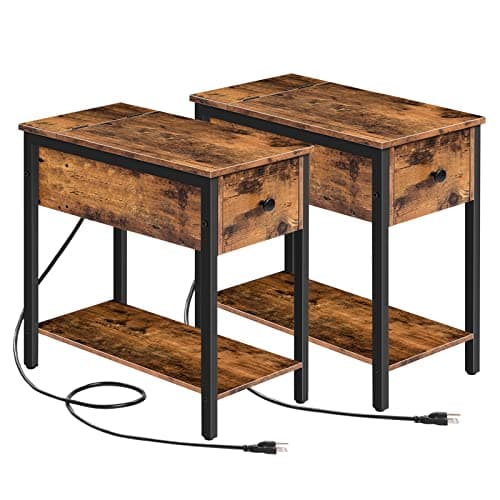 HOOBRO Rustic Brown & Black End Table Set, Charging Station, Drawer Storage, Small Spaces BF041BZP201