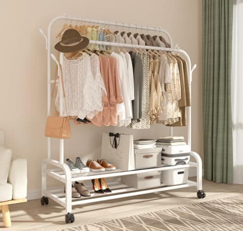 Sturdy Metal Double Rodding Clothes Rack with Wheels & Shelves, Black