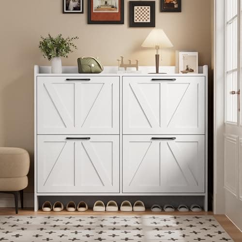 Freestanding Black Metal Handle Shoe Cabinet with 4 Flip Drawers, White & Wood Legs for Entryway