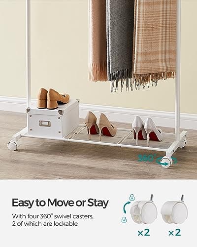 SONGMICS Rolling Double-Rod Clothes Rack, 110 lb Capacity, White