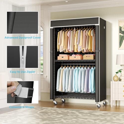 P1C Rolling Metal Closet Rack with Cover, Black, 450LB Load Capacity