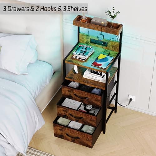 Rustic Brown Nightstand with Charging Station and Storage
