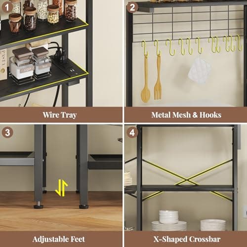 Black L-Shaped Bakers Rack with Power Outlet & Mesh Grid