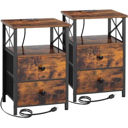 AMHANCIBLE Rustic Brown Night Stand Set with Charging Station HET05XBR