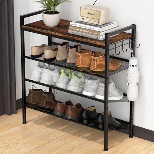 Height-Adjustable 4-Tier Metal Shoe Rack with Steel Frame and Hook, Sturdy Wooden Top