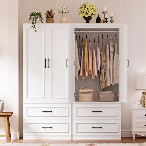 LIKIMIO 70 Wooden Wardrobe Closet with 2 Doors & 2 Drawers - Freestanding White Design for Bedroom