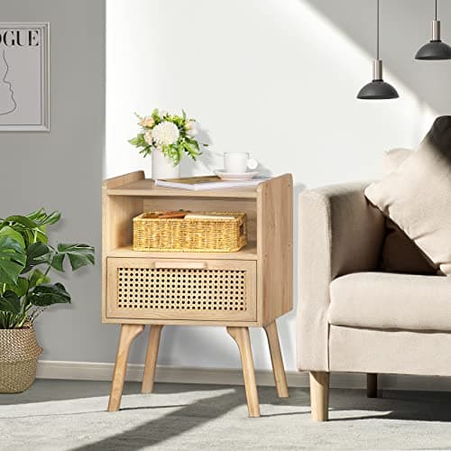 Lerliuo Natural Boho Rattan Nightstands Set of 2 with Drawer & Shelf for Bedroom Small Spaces