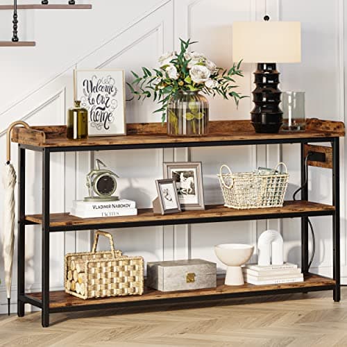 Rustic Brown IronCK Console Table, Height Adjustable for Living Room, Entryway, 55"