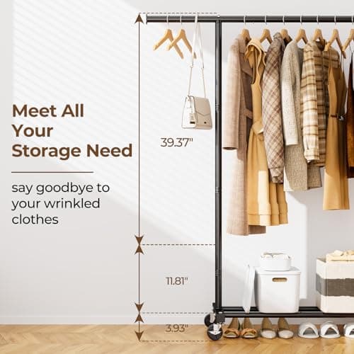 Portable Garment Rack with Wheels, 46.5 Sturdy Metal Clothes Organizer for Hanging Coats, Shirts, Dresses - Black