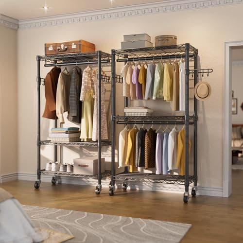 3-Tier Heavy Duty Wire Clothes Rack with Double Rods & Hooks, Freestanding Storage Wardrobe