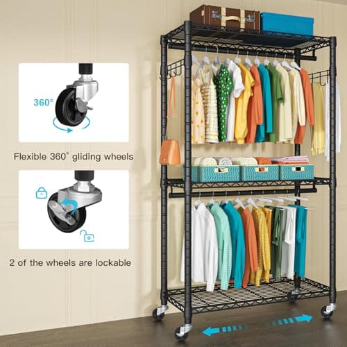Heavy Duty 3-Tier Metal Closet Organizer, Rolling with Lock & Hooks, Max 450 LBS, Black