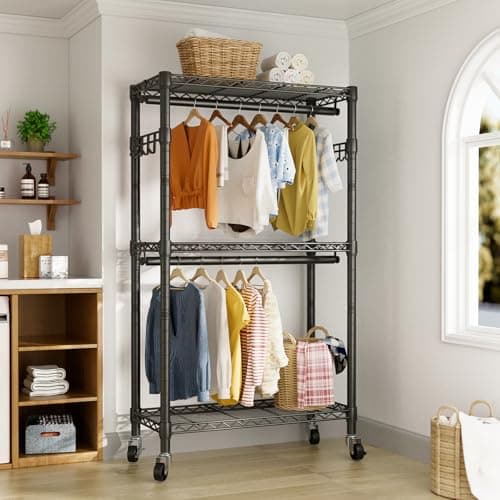 3-Tier Heavy Duty Wire Clothes Rack with Double Rods & Hooks, Freestanding Storage Wardrobe