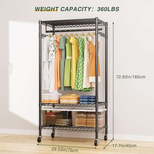 LEHOM G1M Heavy Duty 3-Tier Rolling Clothes Rack with Storage