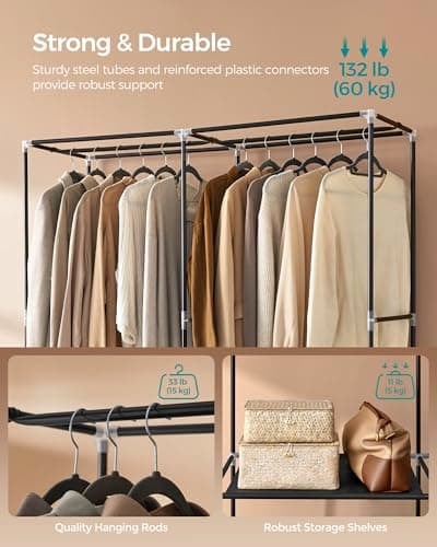 SONGMICS Spacious Portable Closet with Shoe Rack & Cover, 2 Rods, Shelves, & Pockets, Black URYG008B02