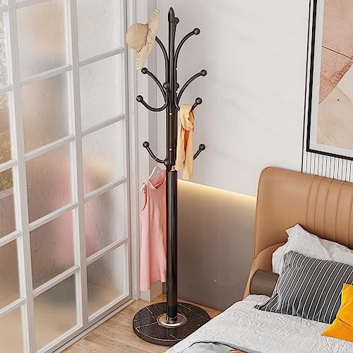 Black Freestanding Metal Coat Rack with 12 Hooks & Natural Marble Base
