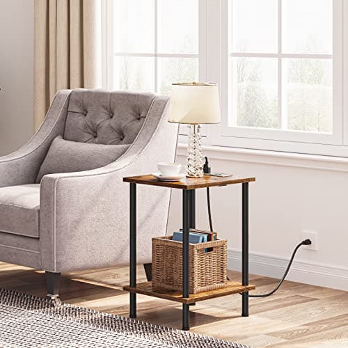 HOOBRO Set of 2 Side Tables with Charging Station and Storage Shelves for Small Spaces - Rustic Brown