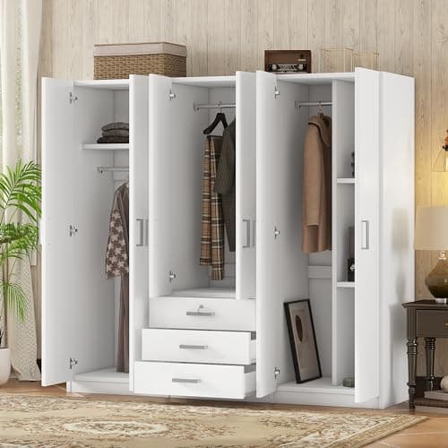 Merax Large 6-Door White Wooden Wardrobe, Tall Armoire Closet Organizer