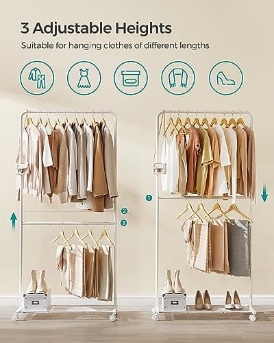SONGMICS Rolling Double-Rod Clothes Rack, 110 lb Capacity, White