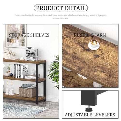 EXCEFUR Industrial Sofa Console Table with 3 Tier Storage Shelves, Rustic Brown