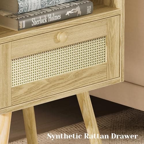 SUPERJARE Nightstands Set of 2 with Charging Station & PE Rattan Drawer, Solid Wood Feet - Natural