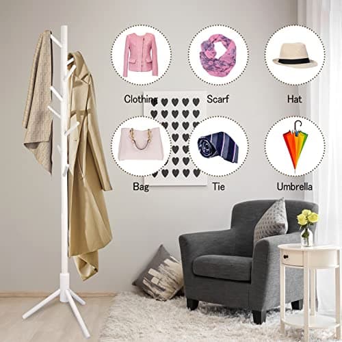 Tree-Shaped Solid Wood Coat Rack with 8 Hooks for Living Room, Bedroom, Office