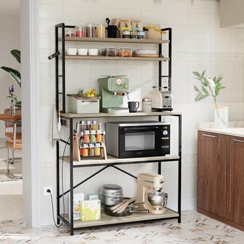 YESHOMY Heavy Duty 5-Tier Baker’s Rack with Power Outlet & Hooks, Spices Storage Shelf, Rustic Brown