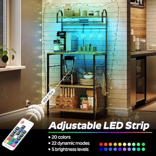 Microwave Stand with Power Outlets, LED Lights, 4-Tier Rack, Kitchen Storage, HB20BR Brown