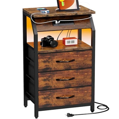 Modern Black End Tables Set of 2 with Charging & LED Lights & 3 Drawers