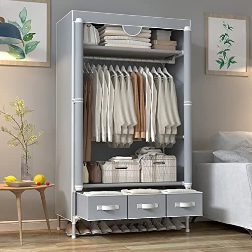 Portable Rolling Closet with Hanging Rack & 3 Drawers - Gray