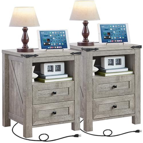 Rustic Brown Nightstands Set of 2 with Charging Station & Drawers