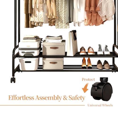 Sturdy Metal Double Rodding Clothes Rack with Wheels & Shelves, Black