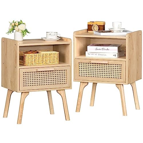 Lerliuo Natural Boho Rattan Nightstands Set of 2 with Drawer & Shelf for Bedroom Small Spaces