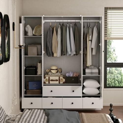 MOUMON 4-Shelf Armoire Wardrobe with 2 Rods, White (59" W x 19" D x 70.9" H)