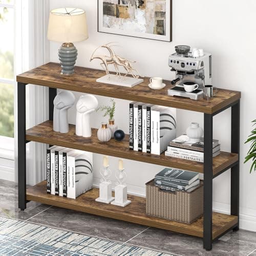 EXCEFUR Industrial Sofa Console Table with 3 Tier Storage Shelves, Rustic Brown