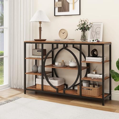 Rustic Brown 47" GiftGo Industrial Console Table with 4 Tier Storage for Entryway and Living Room
