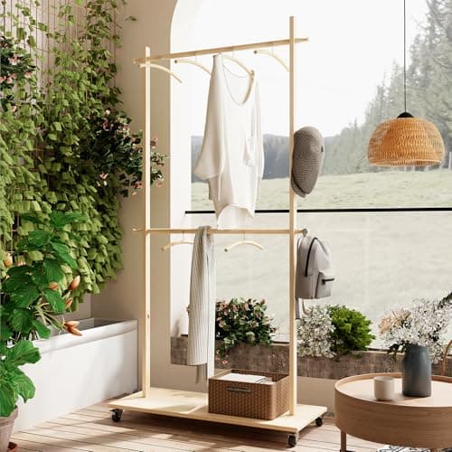 Freestanding Wood Coat Rack with 2 Stems and Pulley, for Hanging Coats and Clothes
