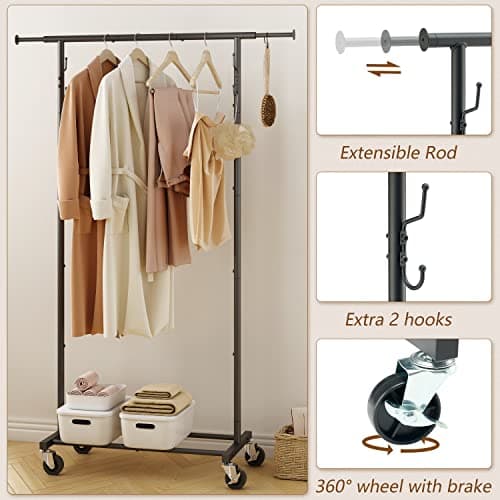 Gewudraw Black Garment Rack with Wheels, Extendable Clothing Rack with Shelves and Hooks