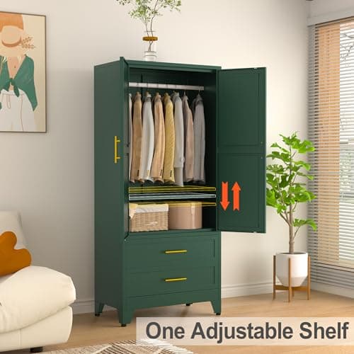 71" Green Metal Storage Cabinet with 2 Doors & Drawers, Hanging Rods for Home Office, Bedroom, Living Room