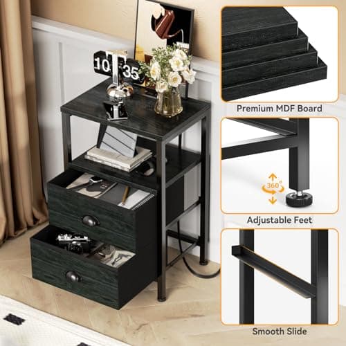Furologee Black Nightstands with Charging Station and LED Lights