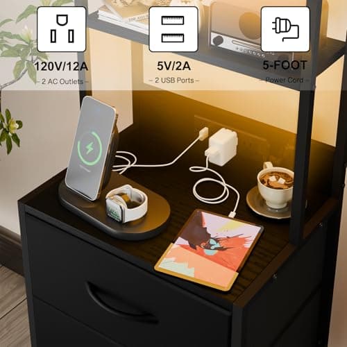 Fixwal 41 Inch Black Tall Nightstand with Charging Station & LED Light