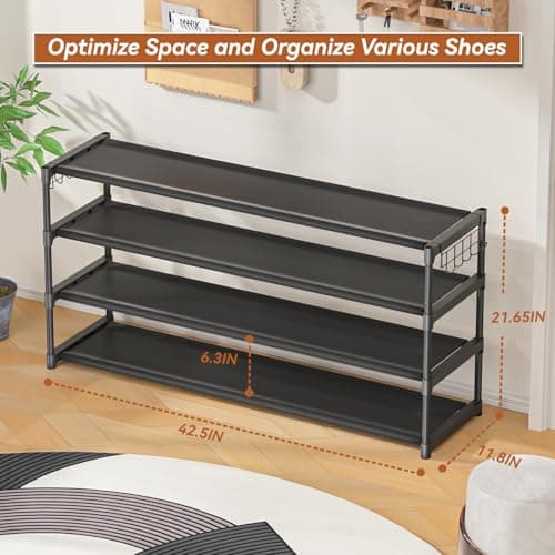 4-Tier Shoe Organizer with Hooks, Sturdy Durable Rack for Closet Entryway, Up to 26 Pairs Space-Saving Shoes Holder