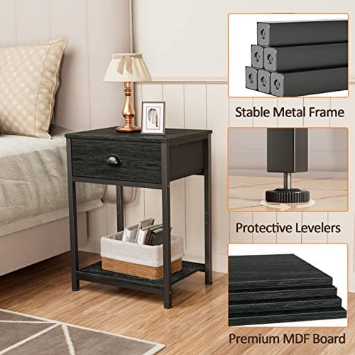 Furologee Black Oak Small Nightstand with Fabric Drawer & Storage Shelf