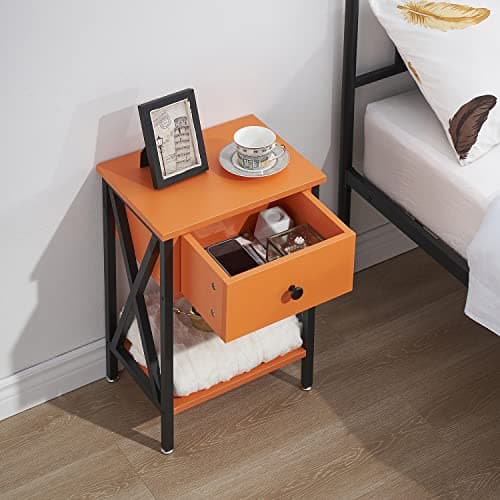 VECELO Modern Bedside Table with Drawer & Shelf, Industrial Metal Frame
