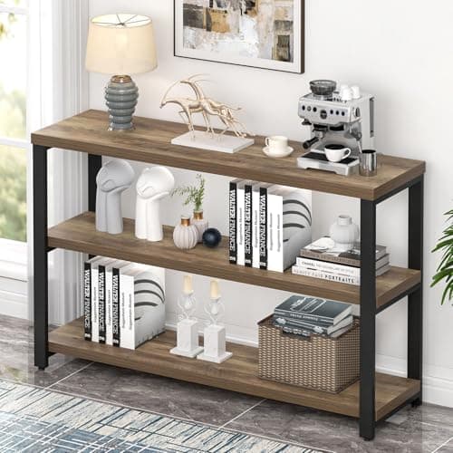 EXCEFUR Industrial Sofa Console Table with 3 Tier Storage Shelves, Rustic Brown